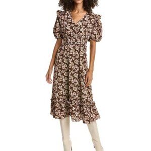 English Factory Crinked Choc Brown Floral Puff Sleeve Maxi Dress L